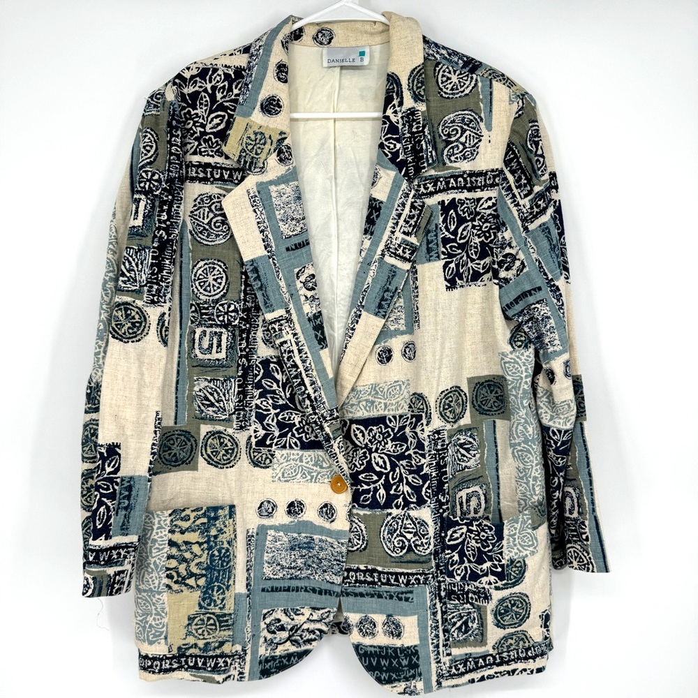 Vintage abstract design linen blend blazer